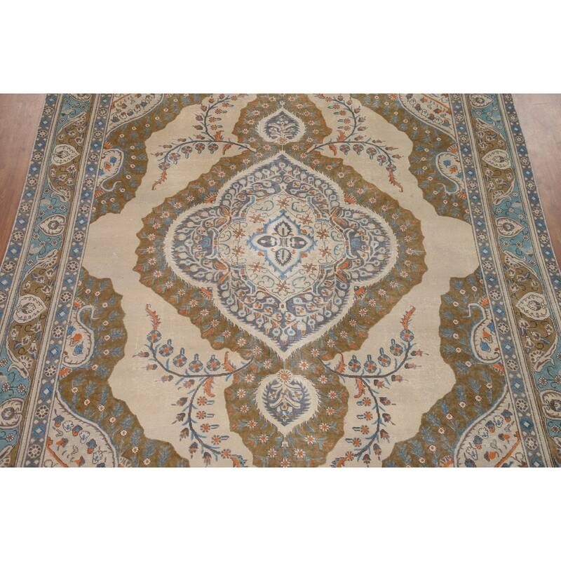 Hand Knotted Oriental 100% Wool Carpet Traditional Medallion Beige & Ivories Tabriz Area Rug - 12' 8'' X 9' 4''