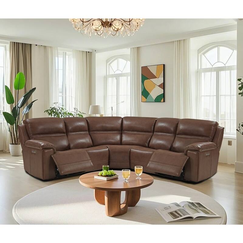 108" W Premium Genuine Leather Dual-Power Sectional Sofa with Zero Gravity, Adjustable Headrest, USB&Type-C Ports - LightBrown