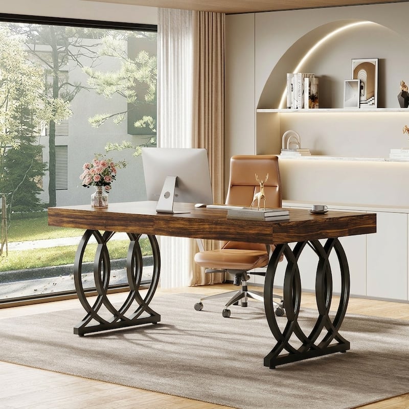 63'' Executive Desk, Modern Office Desk White and Gold Computer Desk - Rustic Brown/ Black