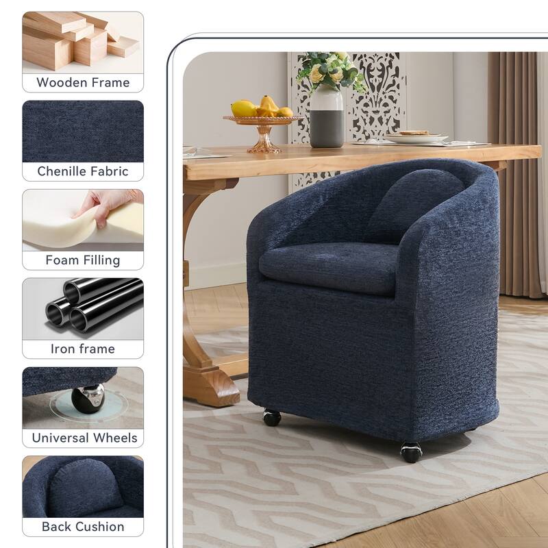 Single Chenille Fabric Dining Chair with 360° Revolving Wheels and Back Cushion
