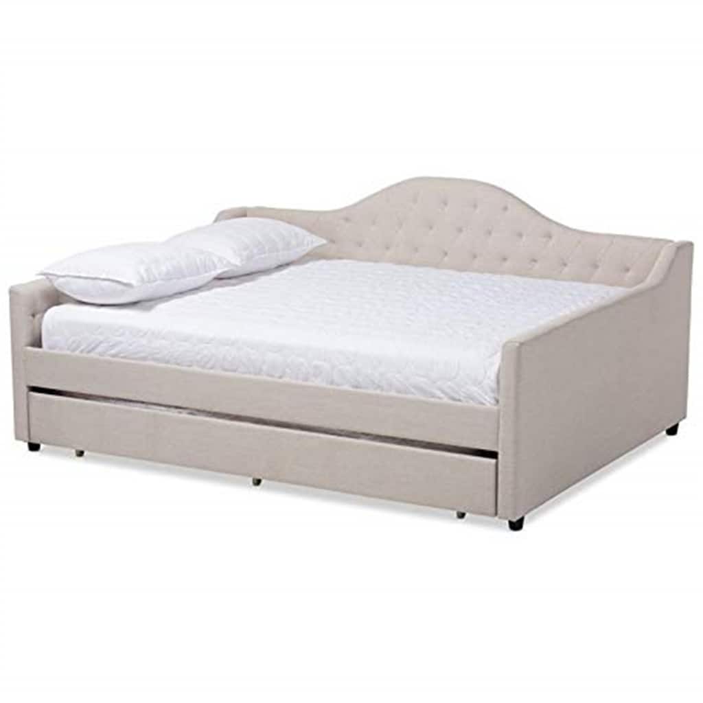 Queen Daybed with Trundle - Tufted Upholstered Bed Frame, Light Beige Coastal Design