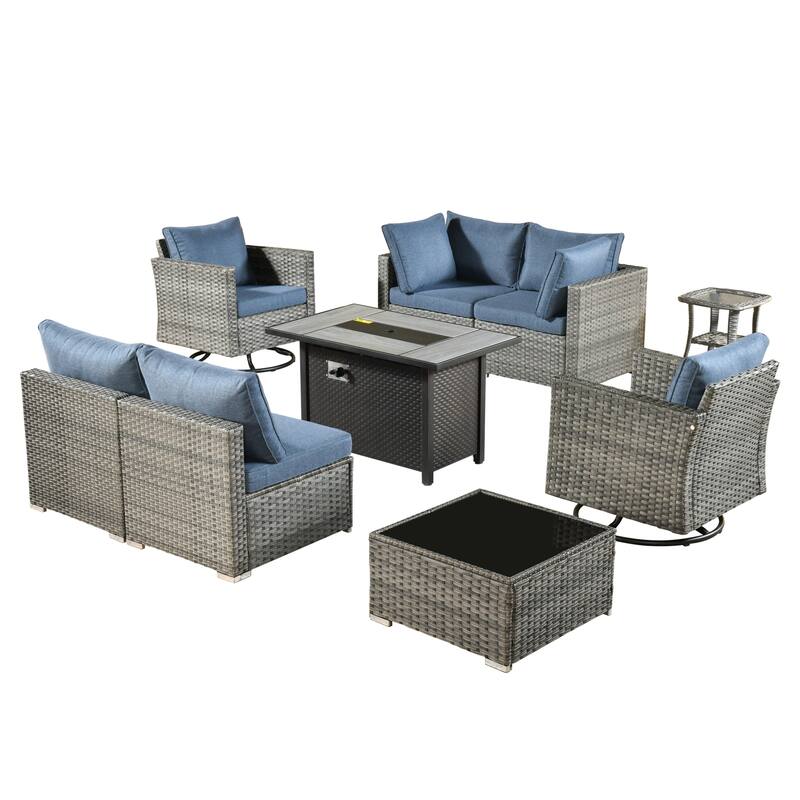 HOOOWOOO 9-piece Grey Rattan Outdoor Furniture Fire Pit Set with Swivel Chairs