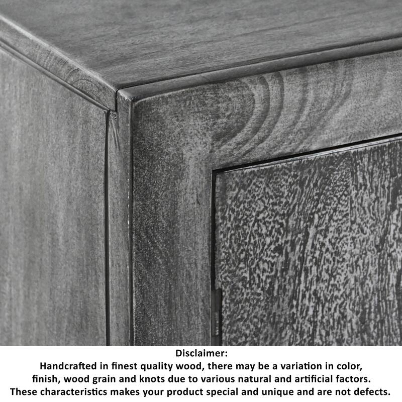 Zera 39 Inch Handcrafted Accent Cabinet with 2 Doors, Medallion Engraved, Sandblasted Gray Mango Wood, Black Iron Framed Stand