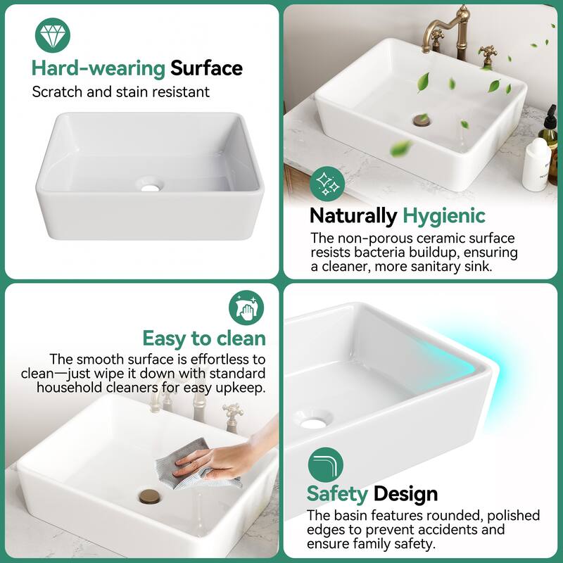 HOROW 19 inch Rectangular White Bathroom Ceramic Vessel Sink Art Basin