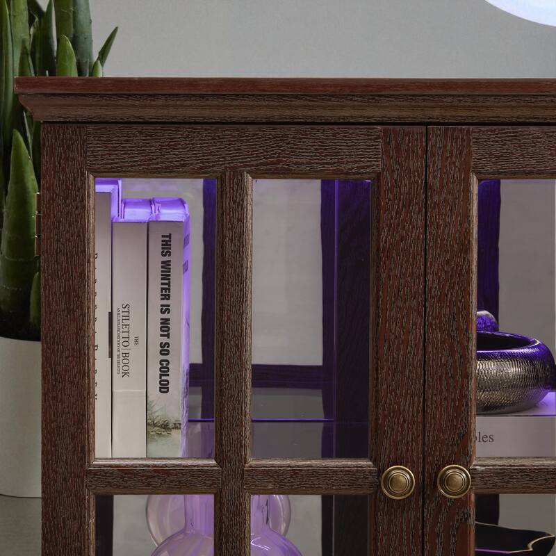 LED Antique Curio Display Cabinet with Glass Doors, Adjustable Shelves and Vintage 4-Door Design