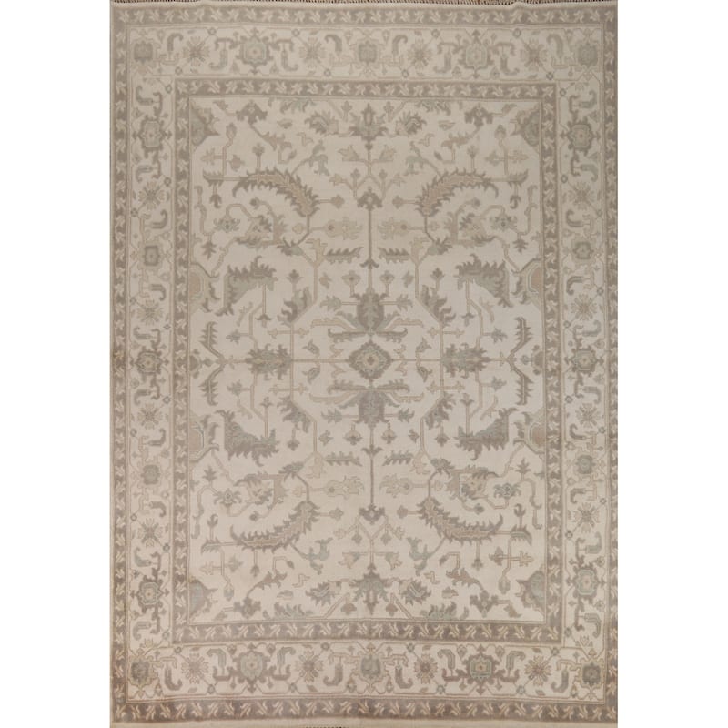 All-Over Ivory Floral Oushak Indian Area Rug Handmade Wool Carpet - 8'4" x 11'10"