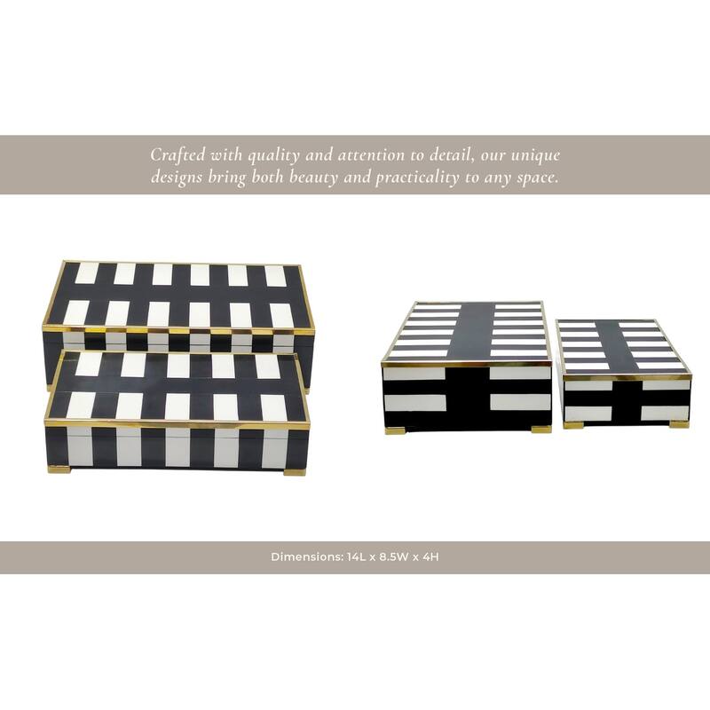 Resin Decorative Boxes with Stripe (Set of 2) - 4" & 3" Black, White - 14" x 8.5" x 4"