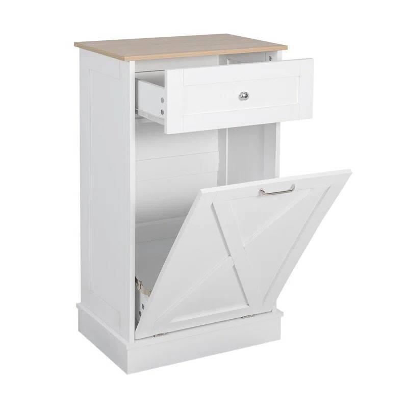 Wood 10-Gallon Tilt-Out Trash Can Cabinet Manual Lift - White
