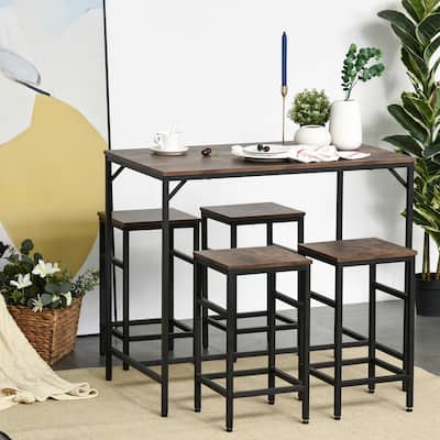 HOMCOM 5-Piece Modern Industrial Dining Room Table Furniture Set with 4 Chairs & Steel Legs for Dining Room, Black/Brown
