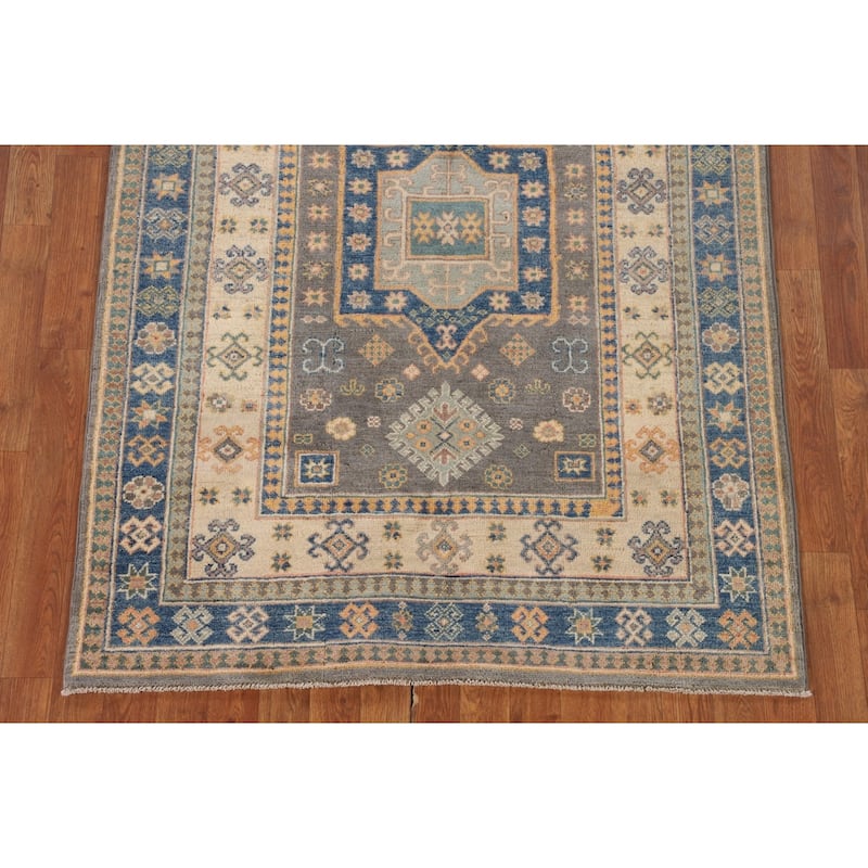 Geometric Kazak Area Rug Handmade Oriental Wool Carpet - 4'0" x 5'9"