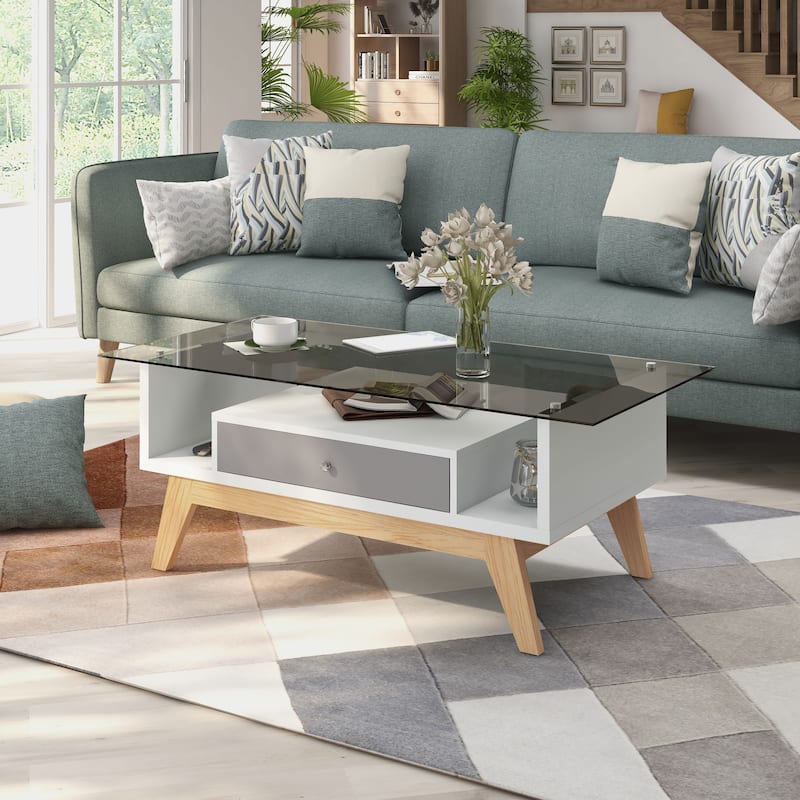 Tevi Modern 47-inch Glass Top 1-Shelf Coffee Table by Furniture of America - Grey