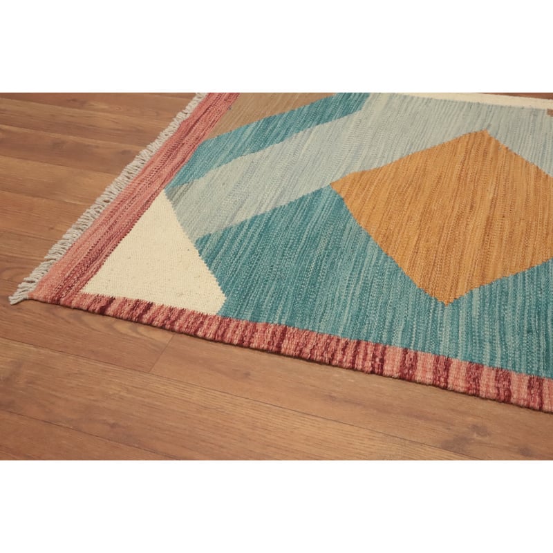 Hand Woven Oriental 100% Wool Carpet Southwestern Geometric Multi-Colored Kilim Runner Rug - 8' 2'' X 2' 1''