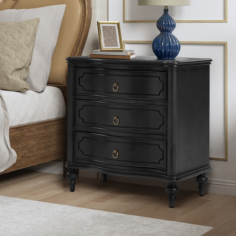 Alois Traditional 3-Drawer Nightstand with Solid Wood Spindle Legs by HULALA HOME - Black