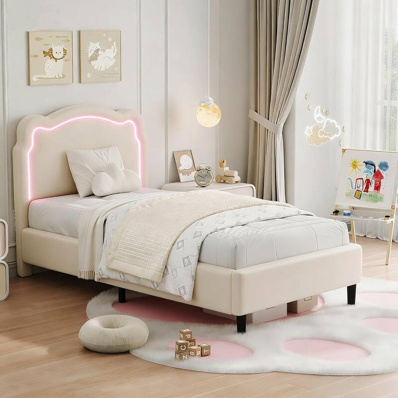 Twin Size Upholstered LED Platform Bed Frame with Bear-Shaped Headboard for Kids