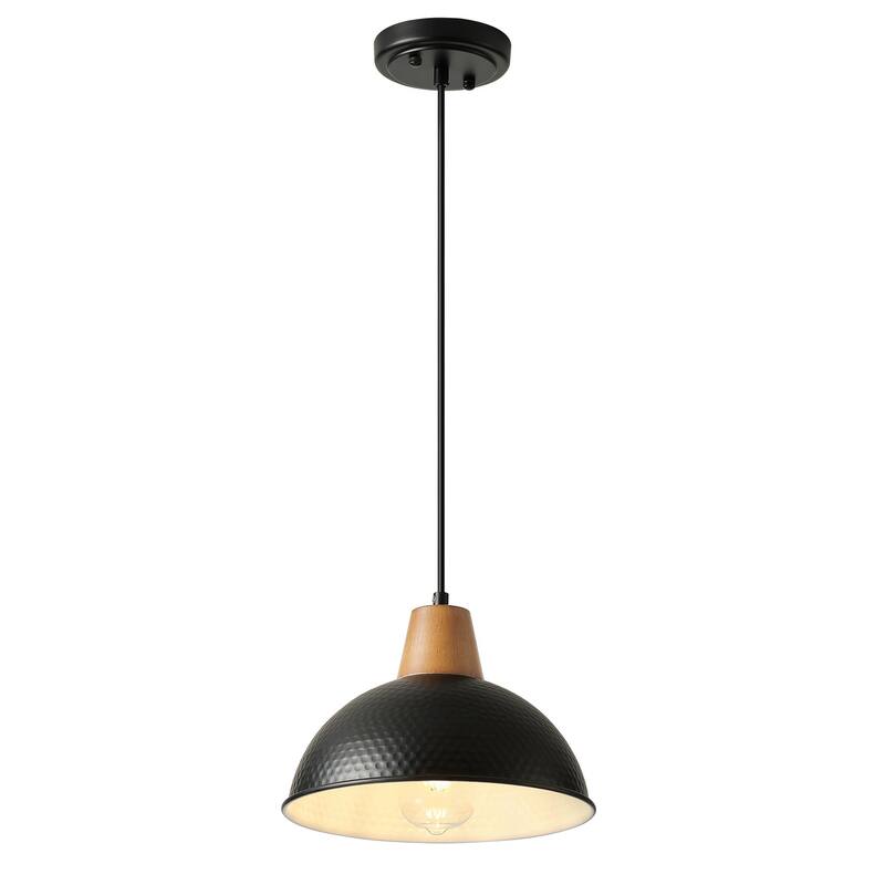 Industrial Farmhouse Pendant Light Fixture with Metal Shade and Faux Wood Grain Design