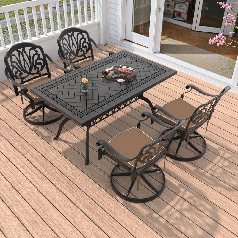 5-Piece Aluminum Rectangular Outdoor Patio Dining Set, 4 Cushioned Swivel Chairs, Table, All-Weather Frames