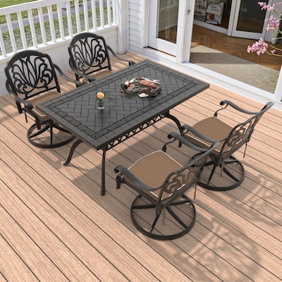 5-Piece Aluminum Rectangular Outdoor Patio Dining Set, 4 Cushioned Swivel Chairs, Table, All-Weather Frames