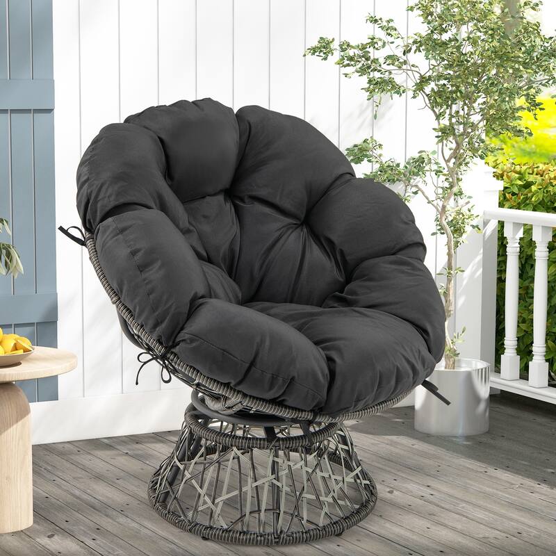 Gymax PE Wicker Papasan Chair Swivel Living Room Chair w/ Thick & - Black