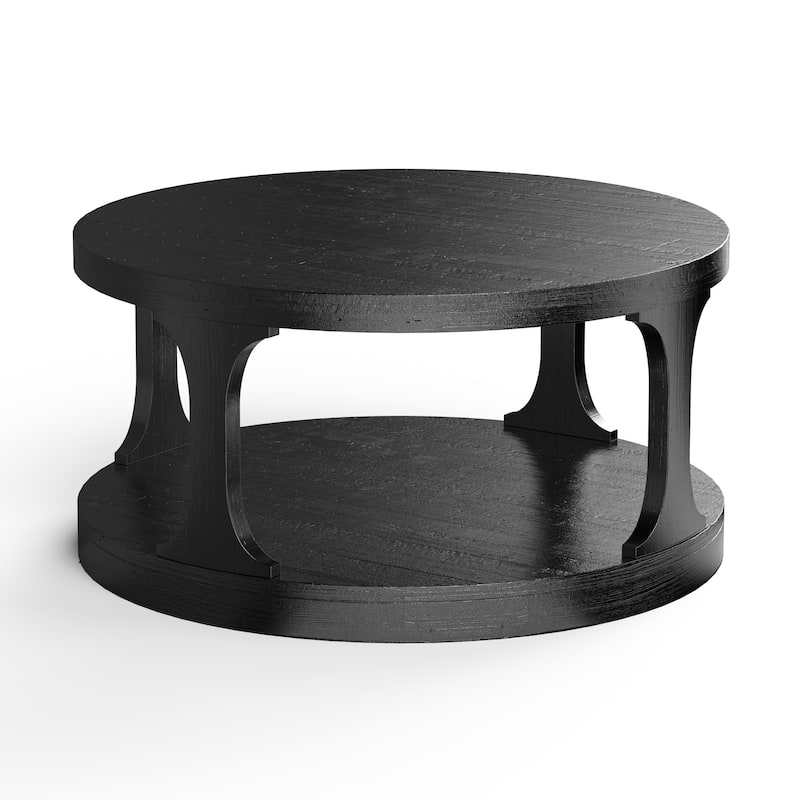 36" Modern Antique Black Solid Wood 2-Tier Round Coffee Table