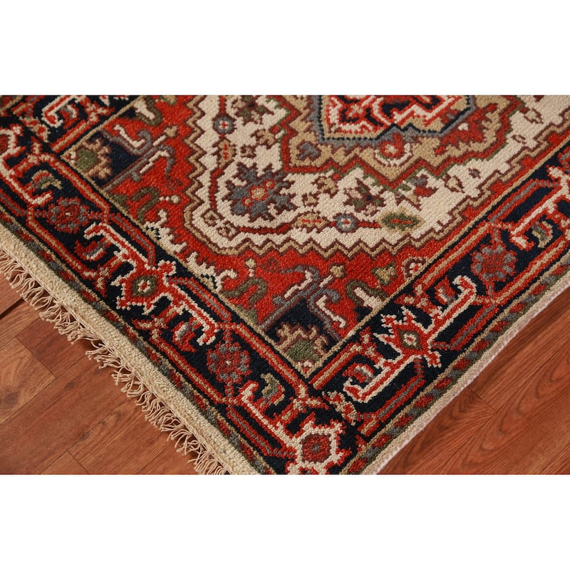 Hand Knotted Oriental 100% Wool Carpet Traditional Geometric Beige & Ivories Heriz (serapi) Runner Rug - 8' 0'' X 2' 7''