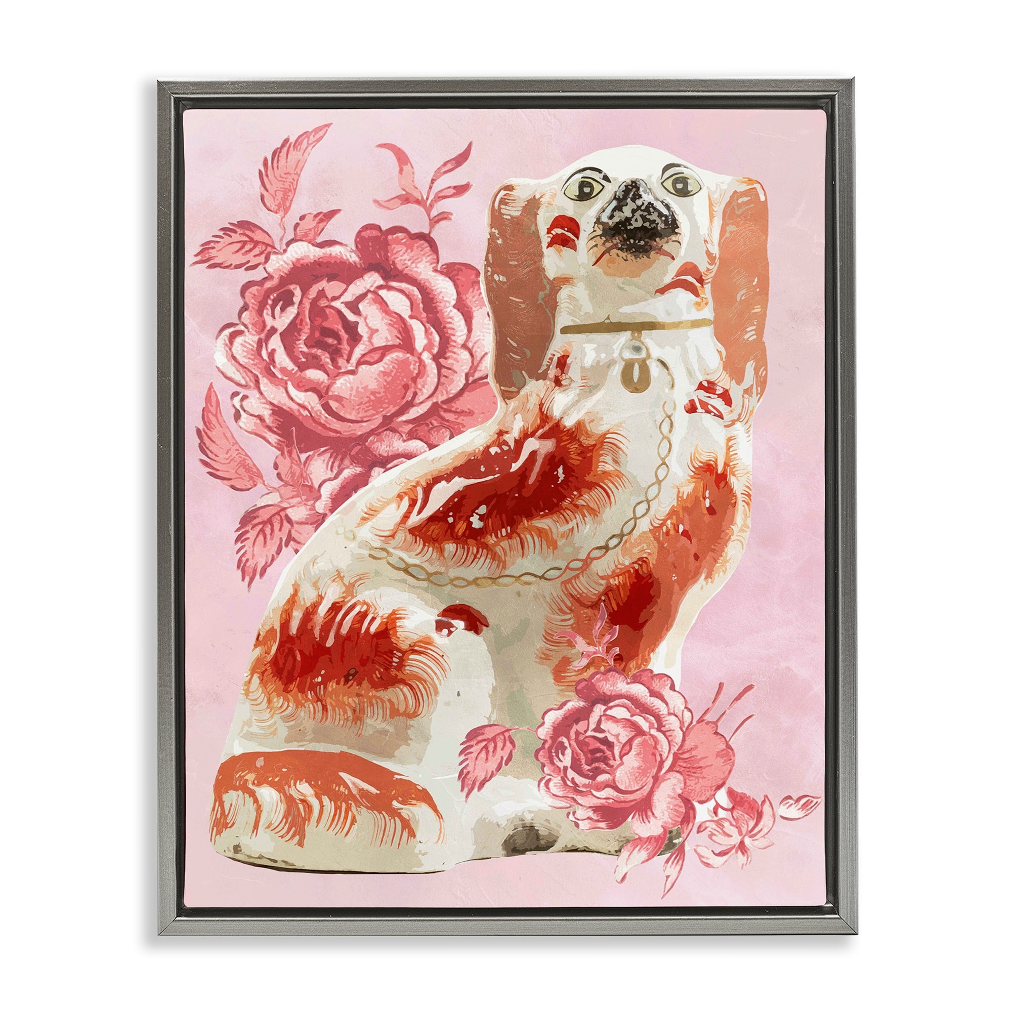 Stupell Victorian Antique Dog with Flower Framed Floater Canvas Wall Art Design By Lil' Rue
