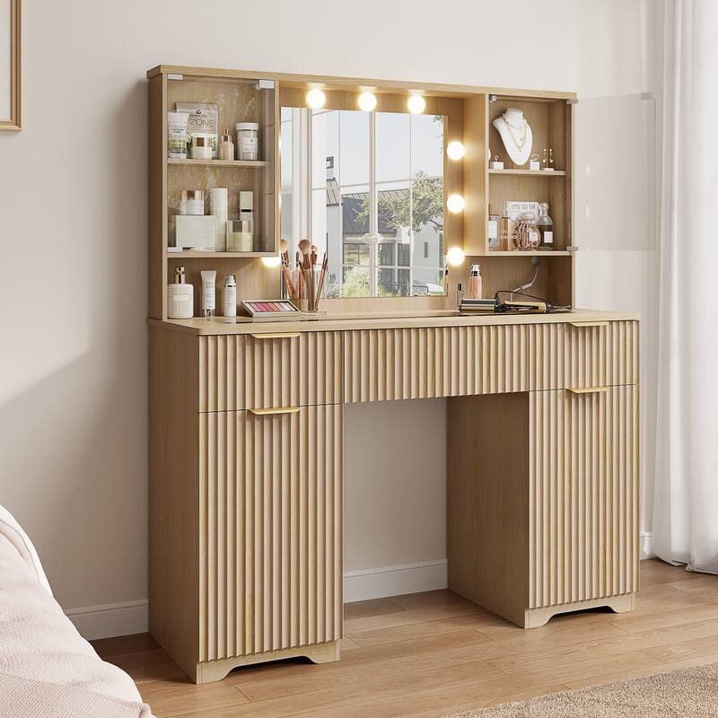 47" Modern Makeup Vanity Desk with Mirror and Large Cabinets, Dressing Table