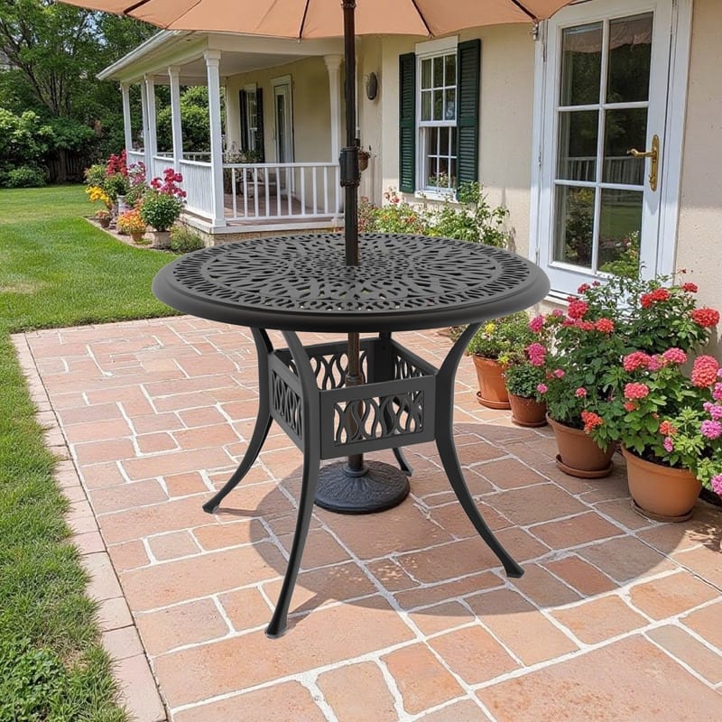 35.43-inch Outdoor Patio Round Cast Aluminum Dining Table with Umbrella Hole for 4 Person
