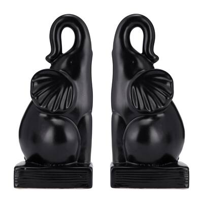 Ceramic Elephant Bookends Set of Two Contemporary Black 8" Decorative Bookends for Book Storage and Organization -