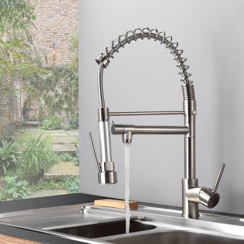 Brushed Nickel High Spring Double Outlets Pull-down Kitchen Faucet