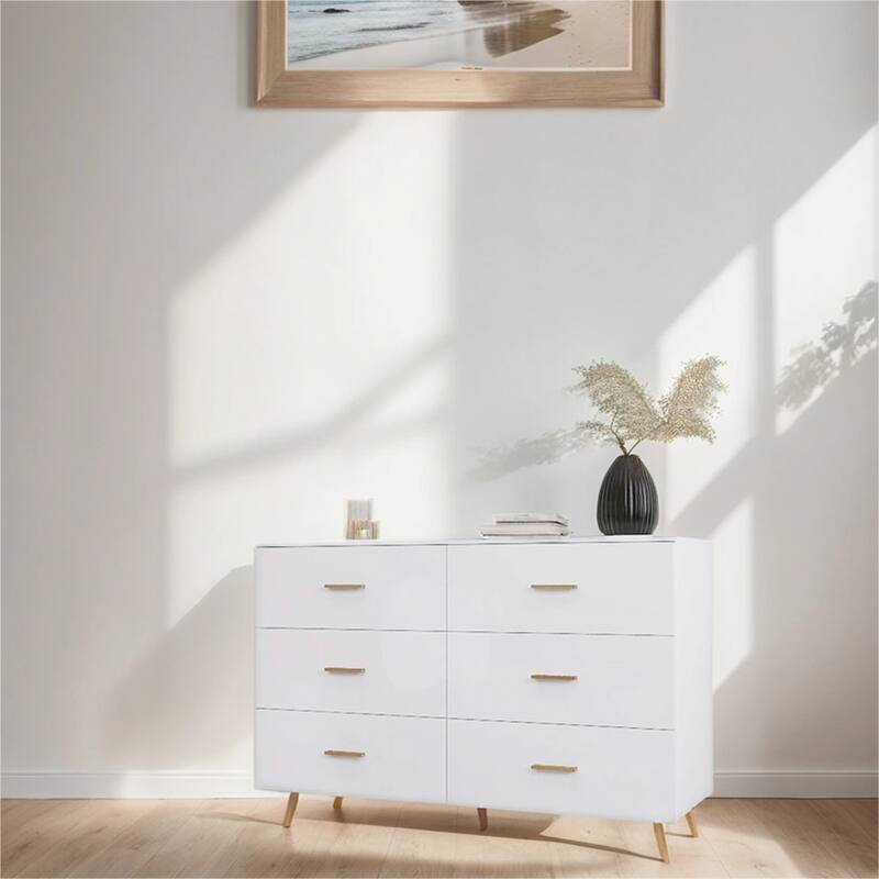 High Glossy Surface 6 Drawers Vanity with Handle and Steel Legs - N/A