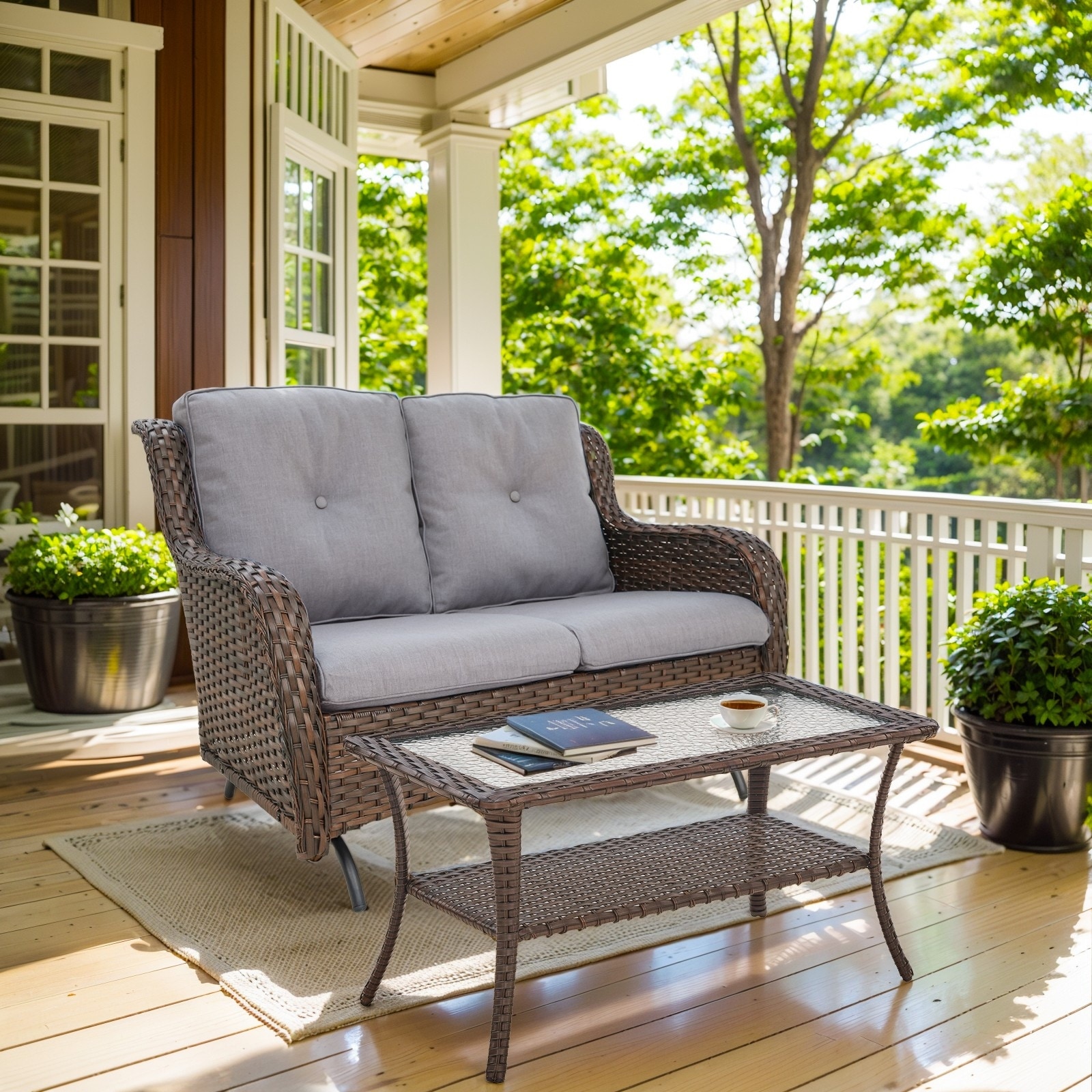 Outdoor Patio Loveseat with Table Brown Wicker - Grey cushion
