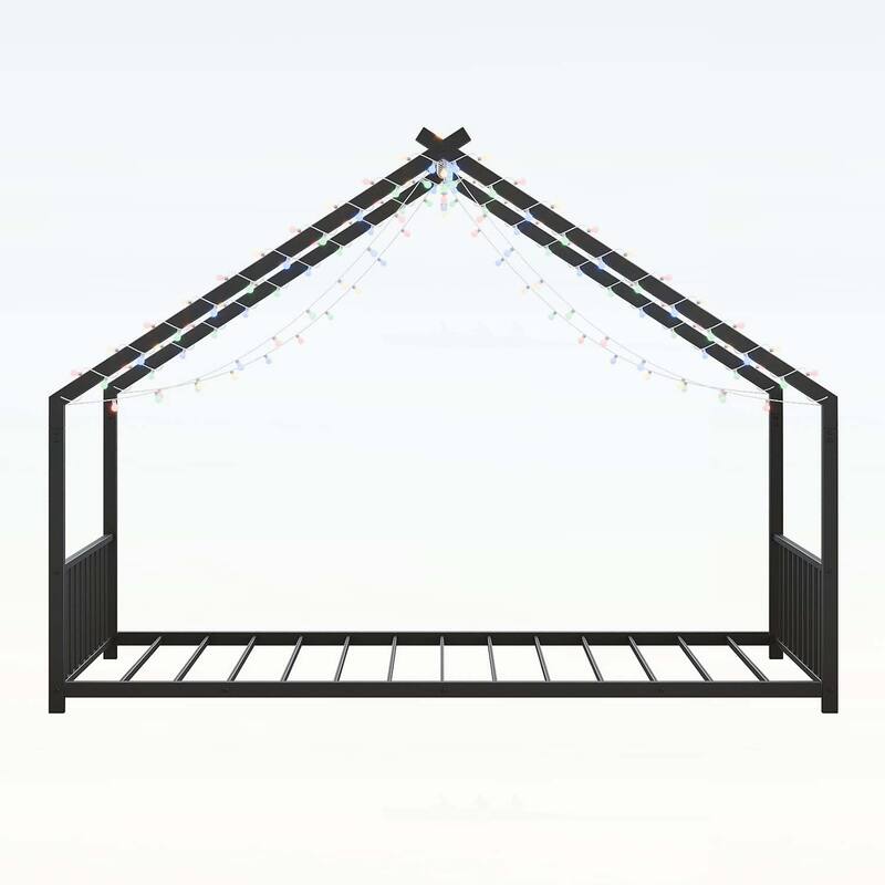 Platform Bed with LED light strips,roof-shaped iron frame,and low profile design for safety and style