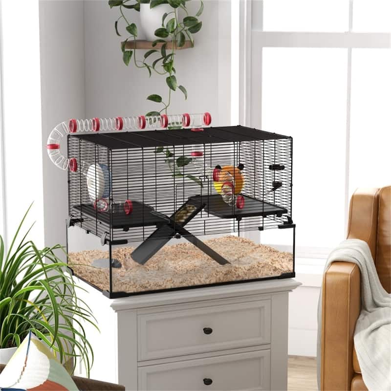 Black-Transparent Tempered Glass Hamster Cage with Steel Frame and Accessories - 31" L x 19" W x 22.4" H