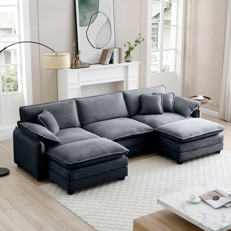 5-piece Corduroy Upholstered U-Shaped Modular Sectional Sofa with 2 Removable Ottoman, 5 Pillows, and Free Combination - Grey