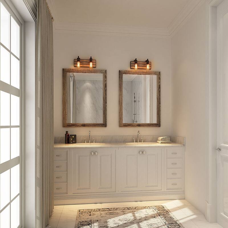 Carbon Loft Rustic 2-Light Wood Wall Sconces Bathroom Vanity Lights - W14.2"* H 5.8"* E 5.1"