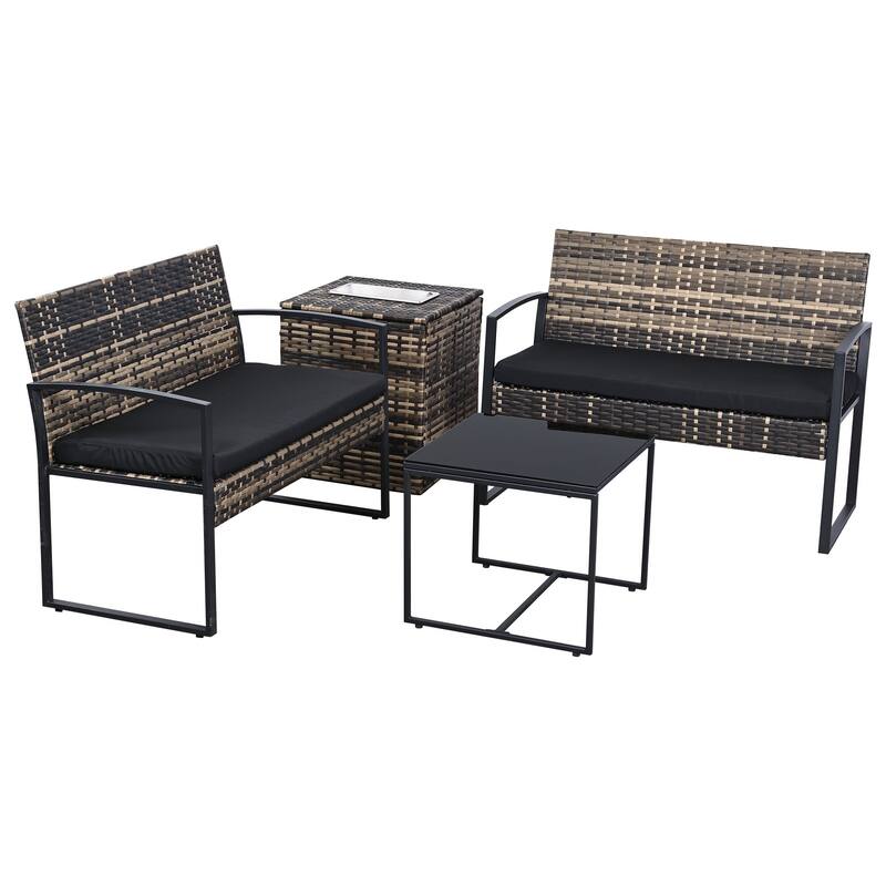 4-Piece Wicker Outdoor Sofa Set, 2 Loveseats, 1 Table, 1 Ice Bucket