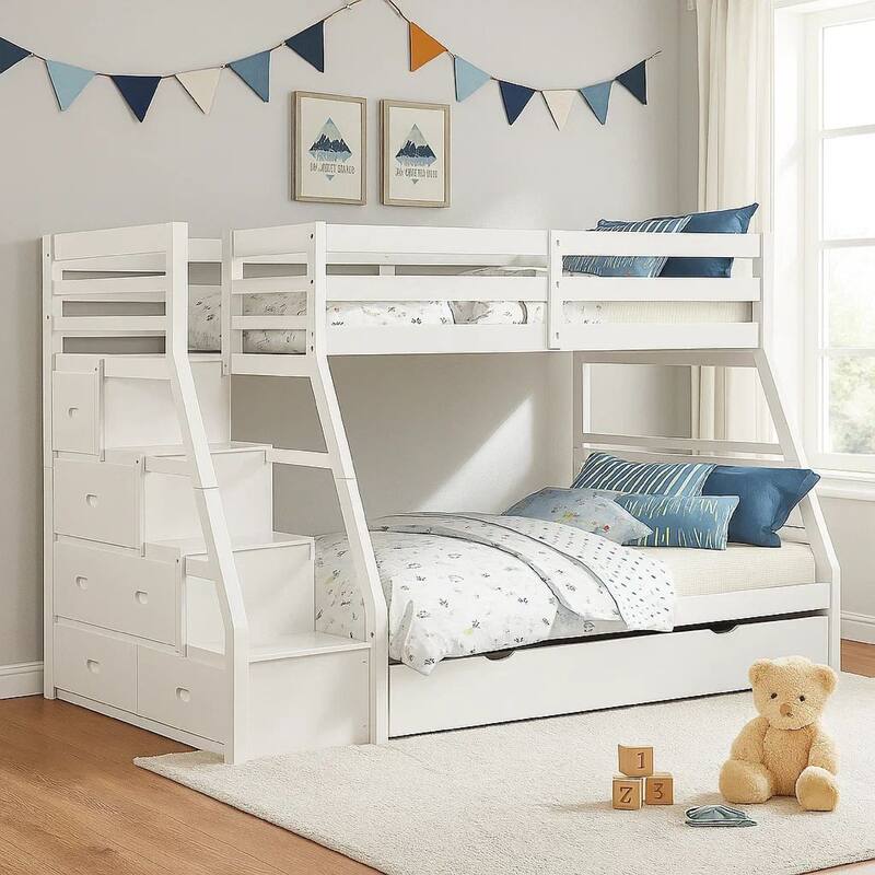 Ellon Twin over Full Bunk Bed, Trundle, White Wood, Storage Drawers