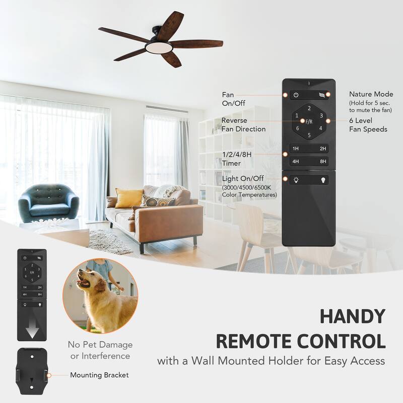 5 - Blade Low Profile Flush Mount Modern Ceiling Fan with 3CCT LED Light and Remote