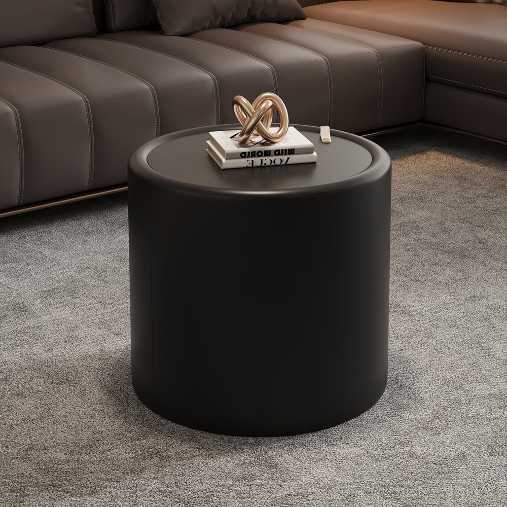 Round Coffee Table with Tempered Glass Top, PU Leather Body & Hidden Storage for Living Room