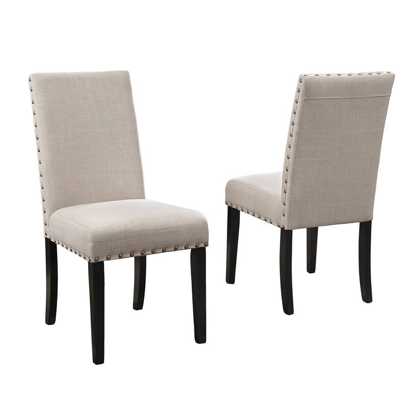 Modern Fabric Dining Chairs with Nailhead Trim, Linen Cotton Fabric Seat and Solid Wood Legs, for Dining Rooms, Set of 2, Tan