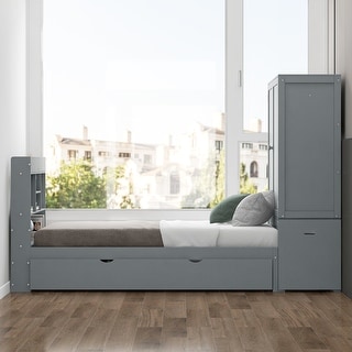 Twin Platform Bed with Storage Headboard & Footboard, Pull Out Shelves and Twin Trundle, Grey