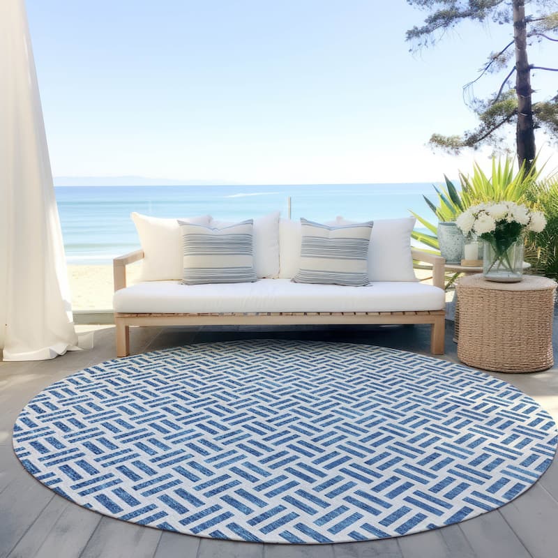 Machine Washable Indoor/ Outdoor Contemporary Basketweave Chantille Rug - Denim - 8' x 8'