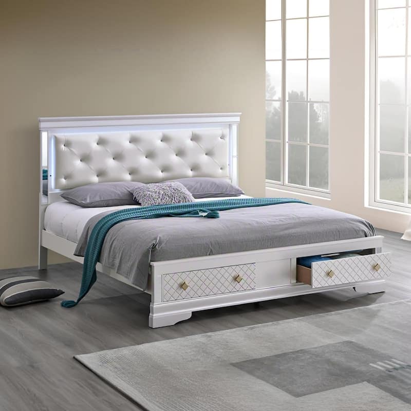 Queen Bed with LED Accent Lighting, Beige Faux Leather Headboard, and Wood Embossed Footboard - White