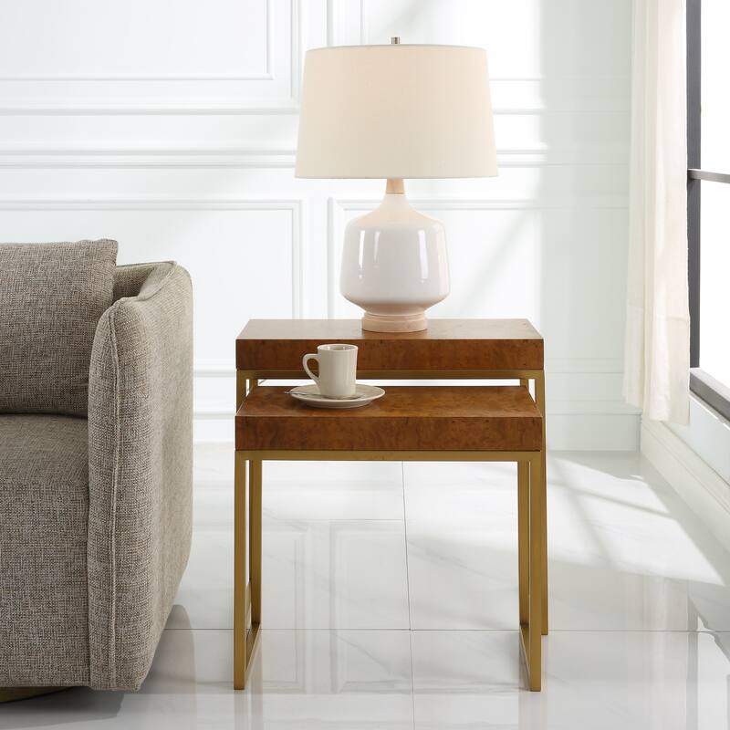 Mappa Burl Veneer Top Nesting Tables - 24.5" - Brown and Brass - Set of 2