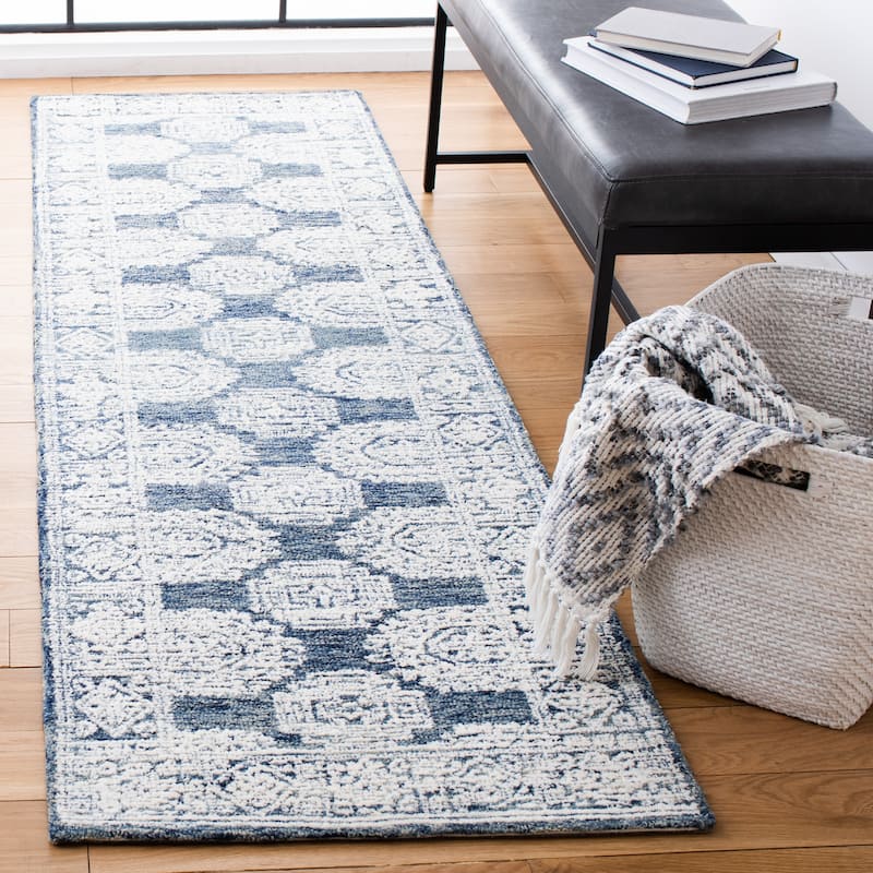 SAFAVIEH Handmade Metro Gien French Country Wool Rug - 2'3" x 8' Runner - Natural/Blue