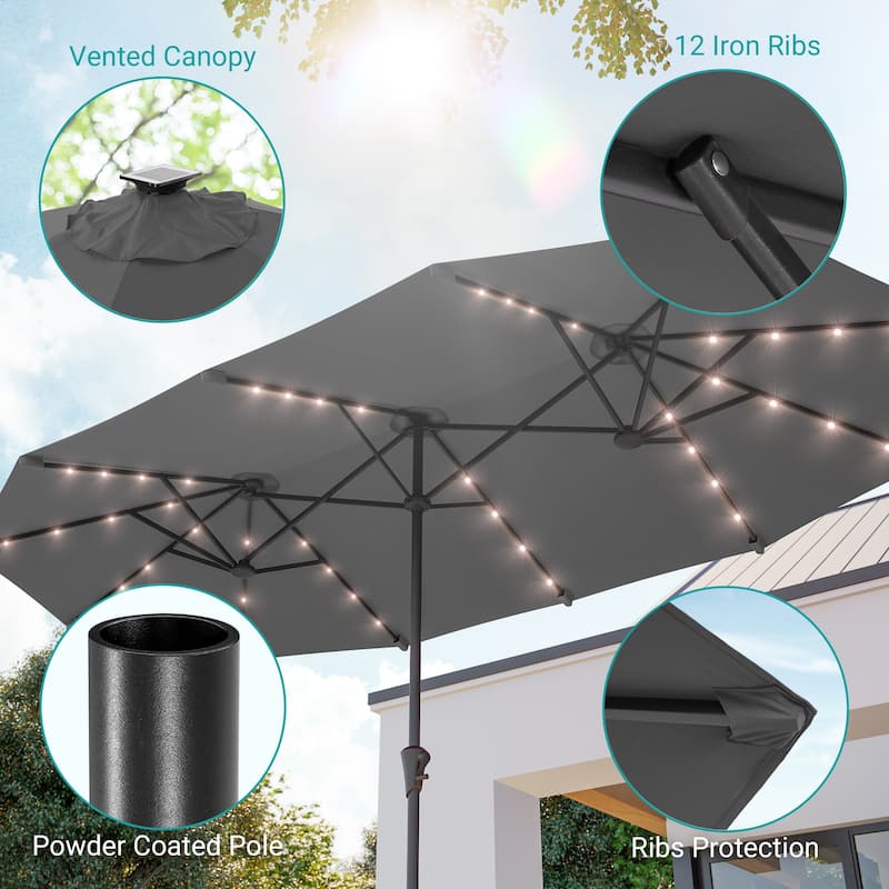 BONOSUKI 13 x 7.2ft Solar-Powered LED Double-Sided Patio Umbrella with Large Canopy Outdoor Table Umbrella for Garden, Navy Blue