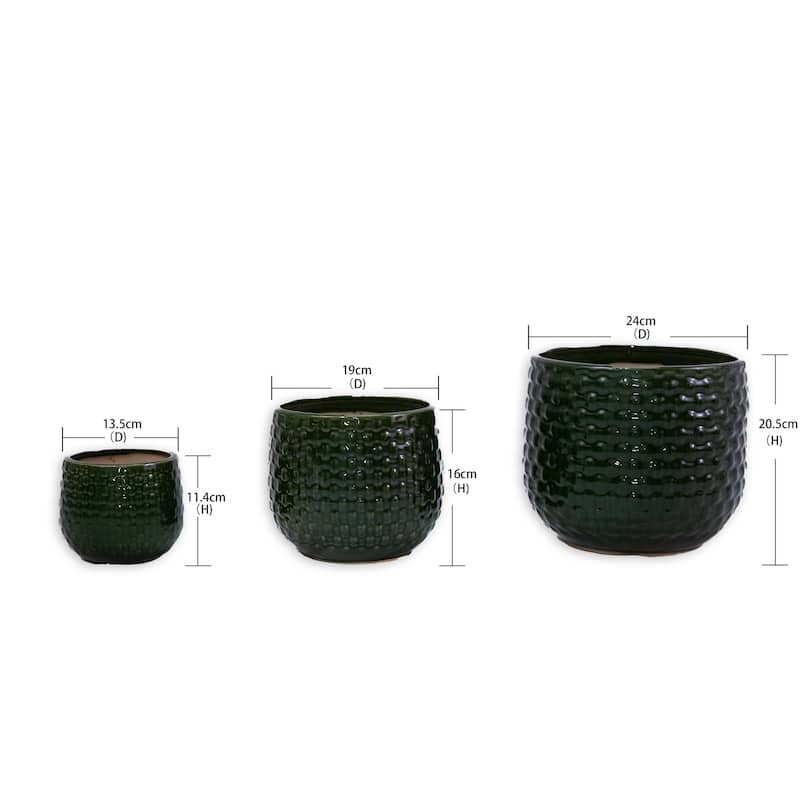 Emerald Green Ceramic Planter Set of 3 - 9.5" Square Modern Plant Pots with Drainage Holes
