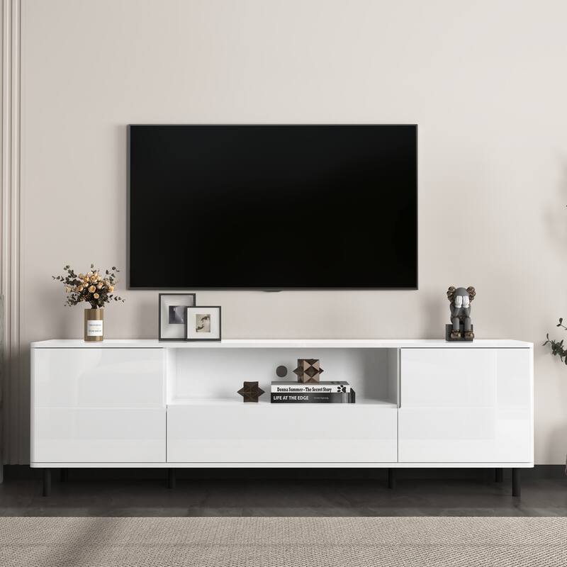 High Gloss Panel Modern TV Console, TV Stand, Entertainment Center with Storage Shelves,TV Cabinet for Living Room, Bedroom - White