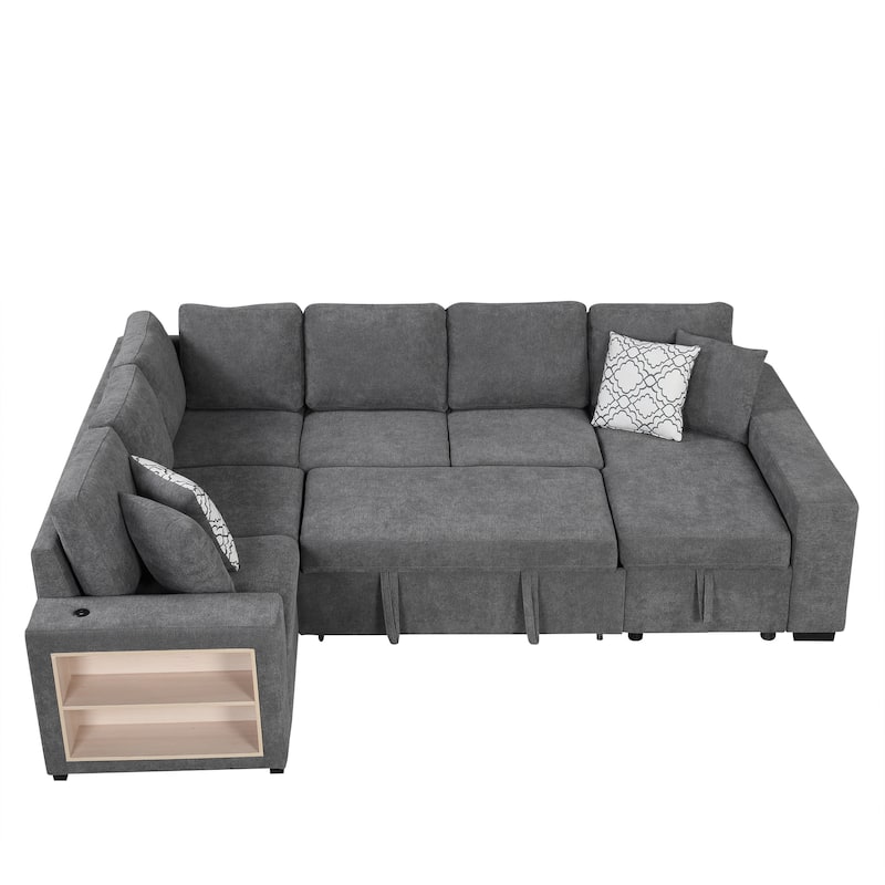 Roomfitters U-Shaped Sectional Sofa with Pull-Out Bed, Two USB Ports, Storage Chaise Lounge, and Four Back Pillows