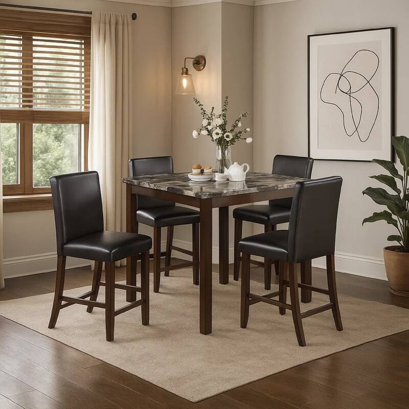 Wesley 5pc Dining Table Set, Black Faux-Leather, Faux Marble, Cherry Brown
